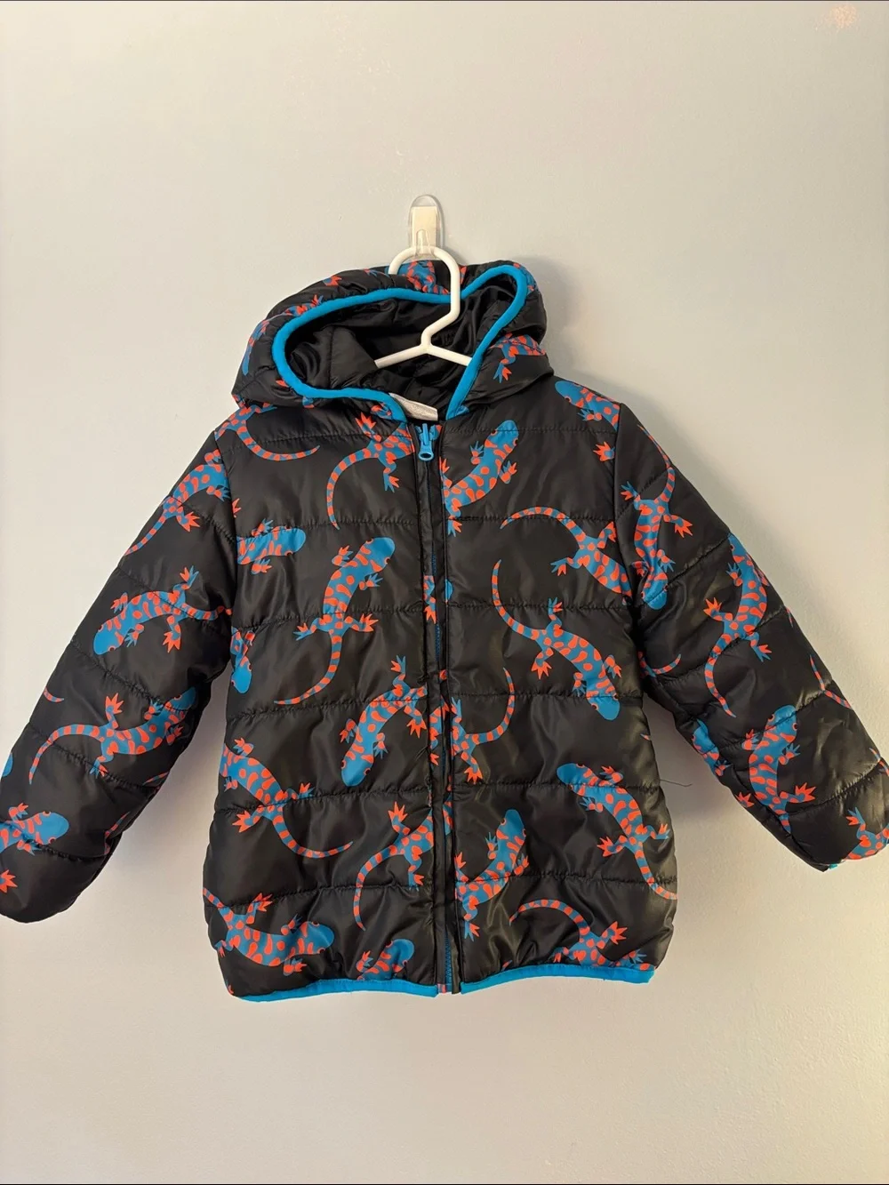 Epic Threads Black Puffer Jacket with Blue & Red Lizard Print